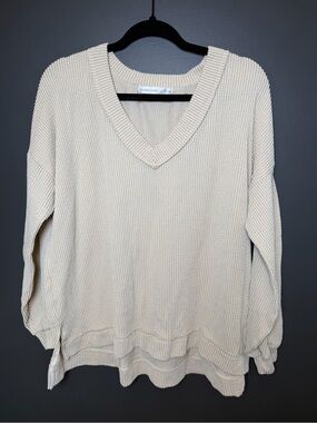 Altar'd State Cream V-Neck Waffle Sweater | Textured Neutral Cozy | Size Med